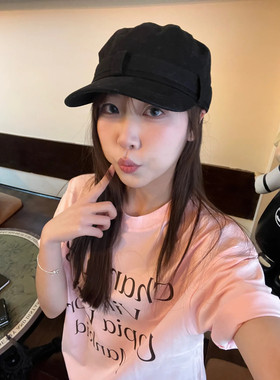 圆领韩版甜美粉色短袖T恤女夏季宽松落肩字母印花设计感小众上衣