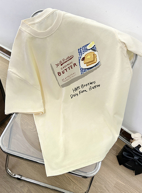奶黄色纯棉短袖t恤女情侣装宽松学生初中生夏季新款潮牌美式上衣