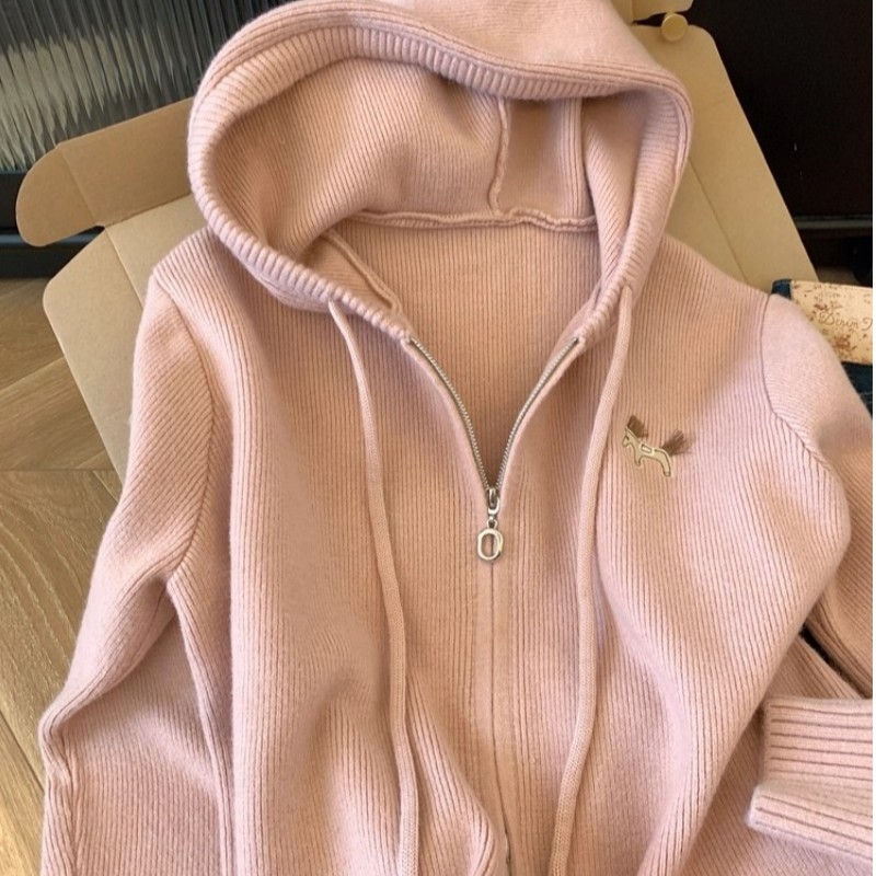 大牌原单外贸出口双拉链连帽长袖针织开衫毛衣慵懒风高级感上衣女