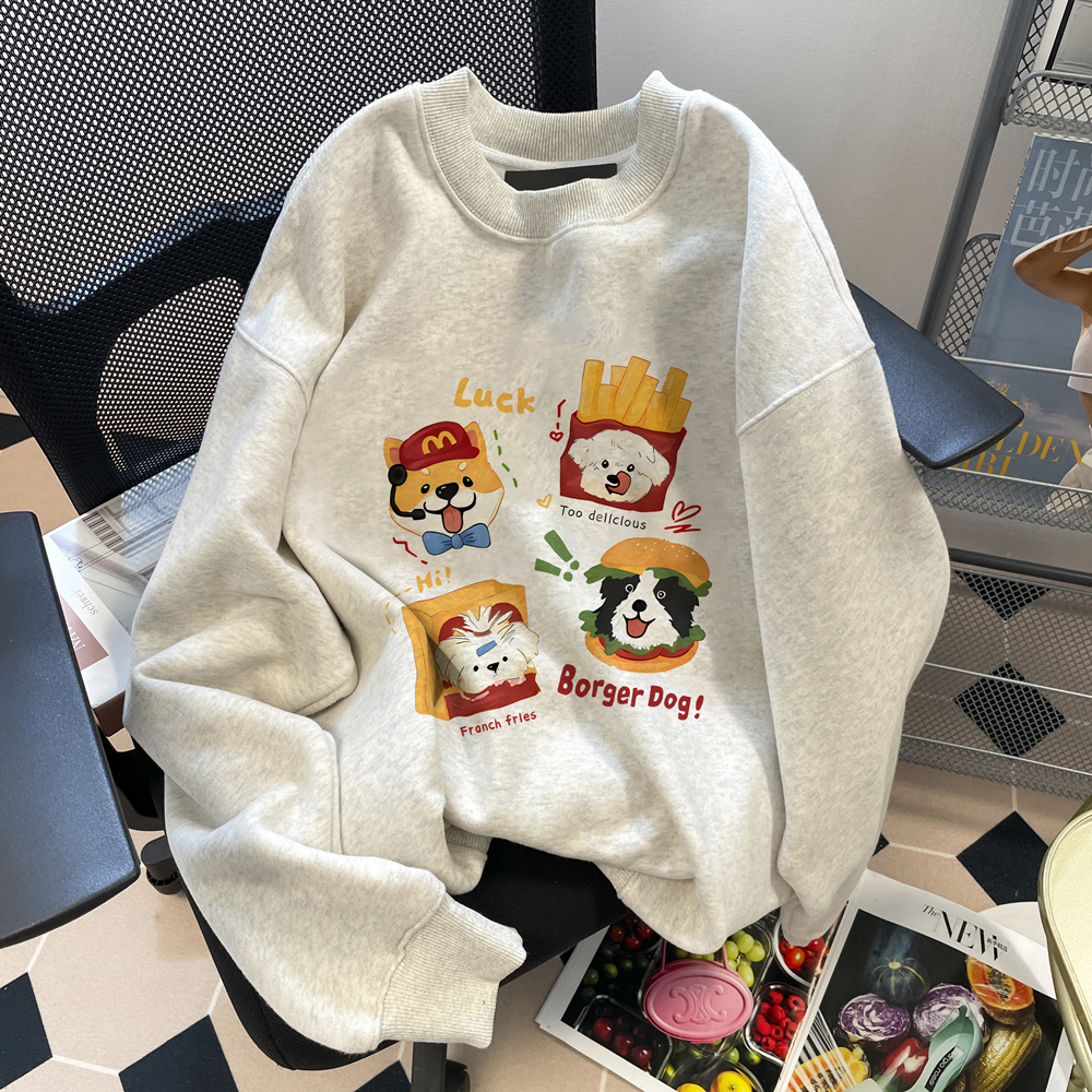 美式潮牌趣味小狗印花长袖男女装春秋重磅纯棉情侣打底衫卫衣外套