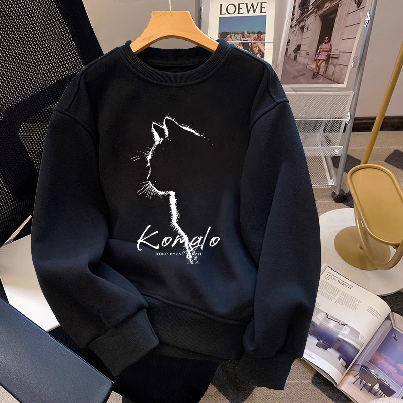 秋冬季宽松男黑色猫咪图案长袖卫衣女复古圆领加绒保暖上衣ins风