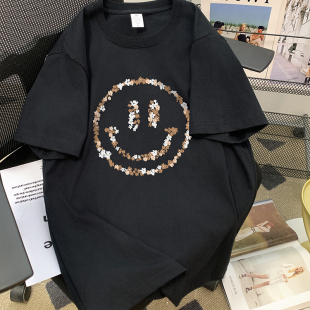 捡漏情侣韩版女装短袖t恤宽松大童夏季黑色纯棉显瘦上衣服男