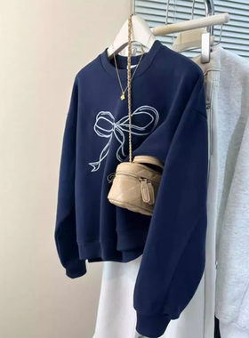 韩版蝴蝶结印花圆领卫衣女宽松显瘦休闲上衣藏蓝色春款加绒小个子