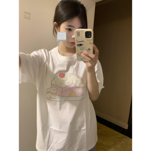 少女感房子印花爆款短袖T恤纯棉夏季潮宽松半袖女通勤风圆领韩版