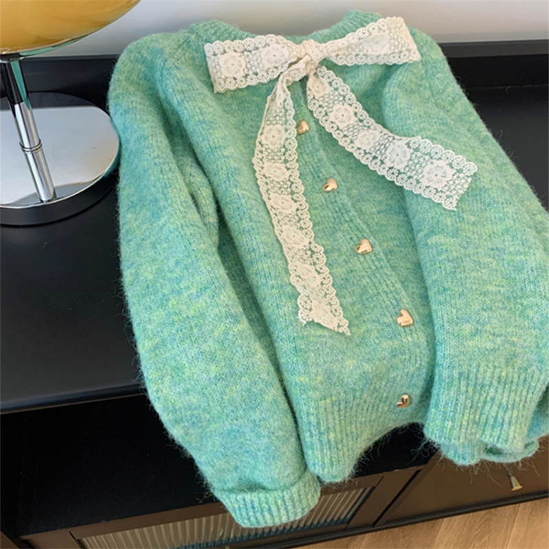 法式甜美温柔风爱心纽扣针织开衫女秋冬超好看蕾丝蝴蝶结毛衣外套