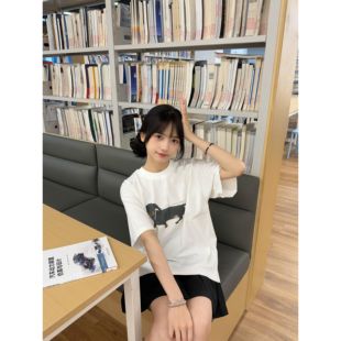 复古狗狗印花短袖 宽松型美式 T恤男女宽松白色纯棉上衣潮 韩版 夏季