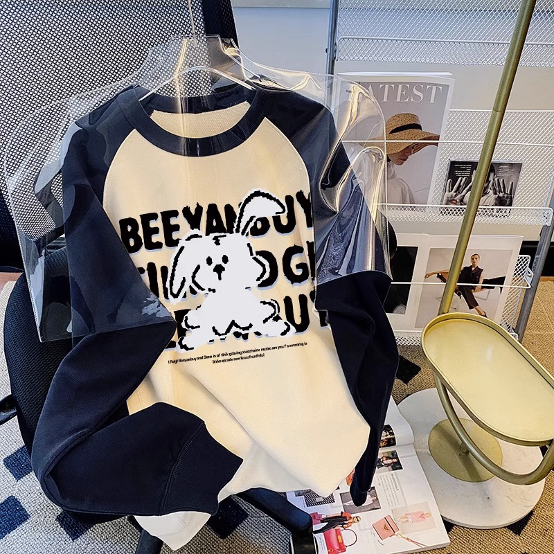 男女学院风美式卡通风撞色插肩袖卫衣女oversize宽松小狗印花上衣