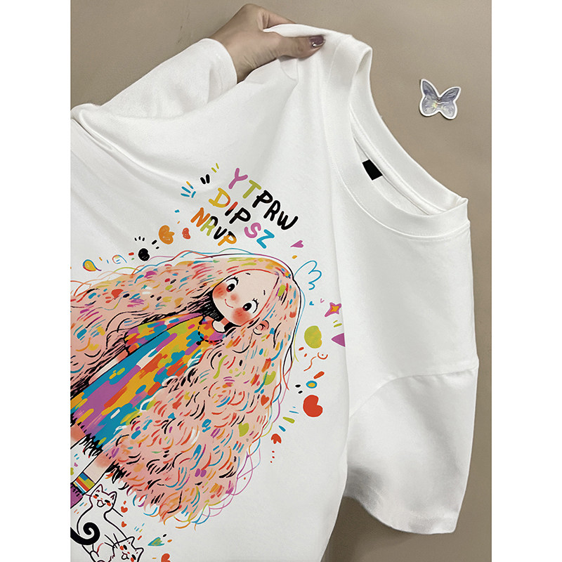 捡漏日系ins彩色印花纯棉短袖学生百搭白色圆领宽松五分袖T恤女潮