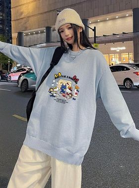 大牌衣服捡漏尾货卡通可爱风天蓝色毛衣女宽松圆领套头上衣ins风