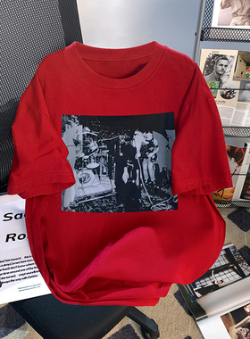 捡漏~显白红色复古印花短袖T恤女夏季新款欧货大码中长款休闲上衣