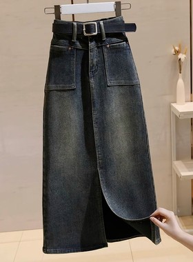 捡漏高腰牛仔半身裙女中长款秋冬新款宽松显瘦开叉a字包臀裙长裙