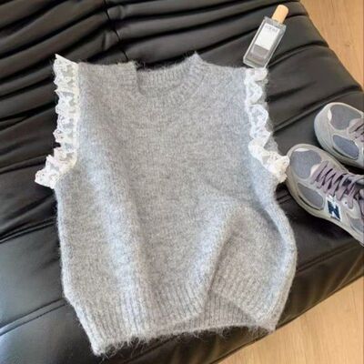 大牌原单外贸出口尾货韩版时尚设计感特色蕾丝拼接百搭针织马夹女