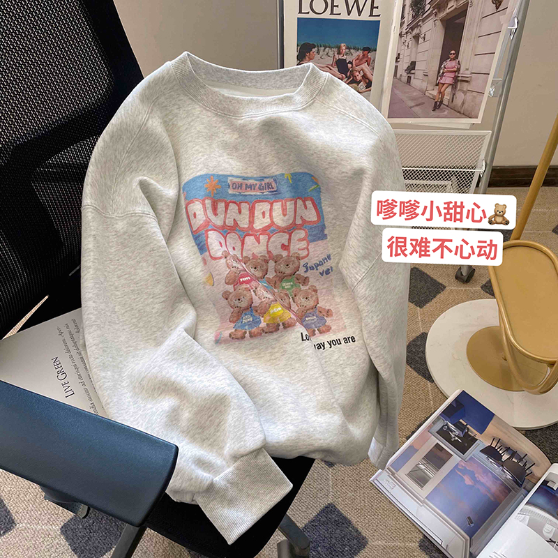 纯棉手感印花宽松打底加绒情侣款美式复古重磅男女秋冬圆领卫衣女