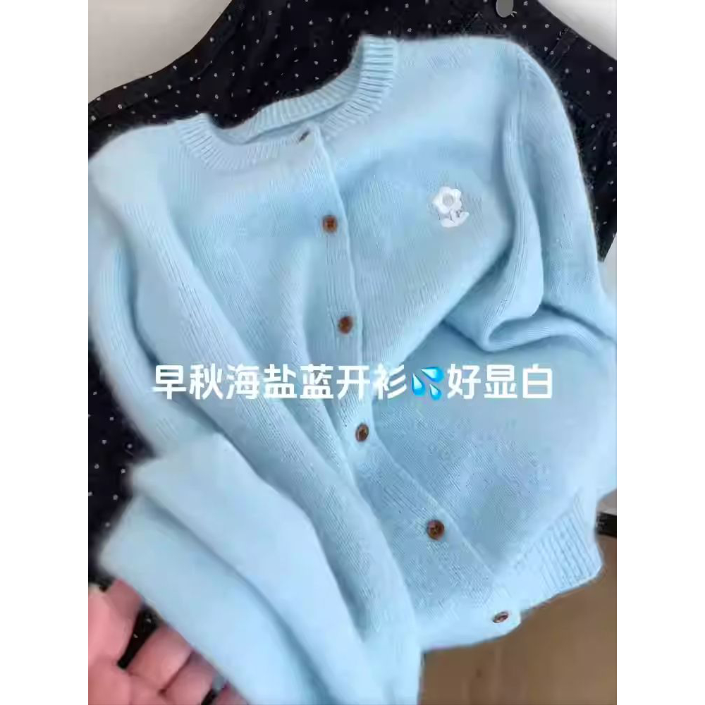 韩系2025早秋新款圆领长袖花朵刺绣毛衣针织开衫上衣女慵懒风百搭