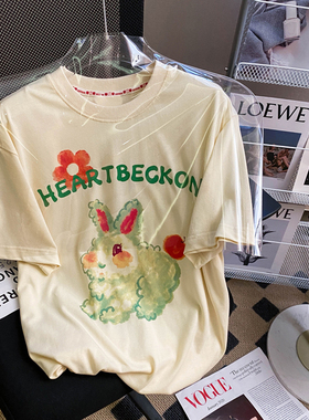 欧货一线品牌专柜撤回清仓大牌外贸女装软奶黄色小兔子短袖t恤潮