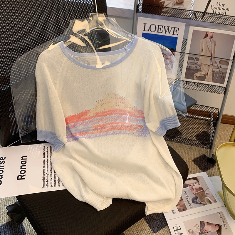 누출을 잡아라  수출 대외 무역 고급 여성 의류 꼬리 싱글 반팔 컬러 블록 라운드 넥 부드러운 밀랍 스웨터 얇은 외국 바닥 셔츠