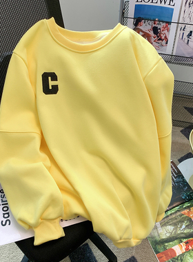 捡漏高级感别致字母奶黄色卫衣女春秋季宽松小众复古外套上衣服潮