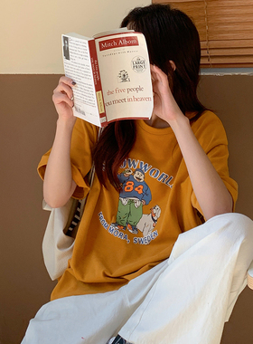 姜黄色大童圆领短袖t恤女春夏季2025新款宽松显瘦百搭上衣ins潮牌