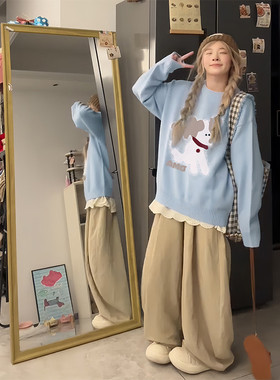 大牌衣服捡漏可爱风卡通印花圆领毛衣男女慵懒针织套头上衣天蓝色