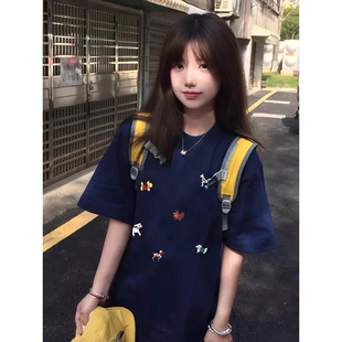 宽松型男女通用韩版藏青色小狗印花短袖T恤夏宽松设计感学生上衣