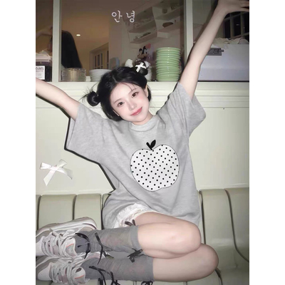 夏季韩版波点苹果印花短袖T恤女夏宽松圆领设计感小众慵懒风上衣