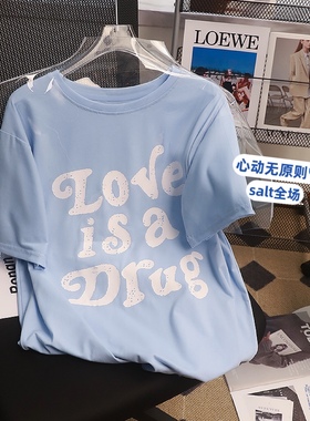 一线大品牌折扣外贸清仓捡漏女装蓝色字母印花短袖T恤学院风上衣