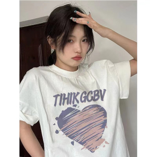 T恤女白色字母印花百搭显瘦上衣夏季 圆领通勤风休闲韩版 宽松短袖