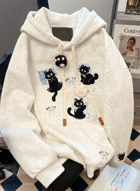美式复古长袖可爱猫咪印花卫衣男女连帽宽松加厚卡通上衣秋冬外套