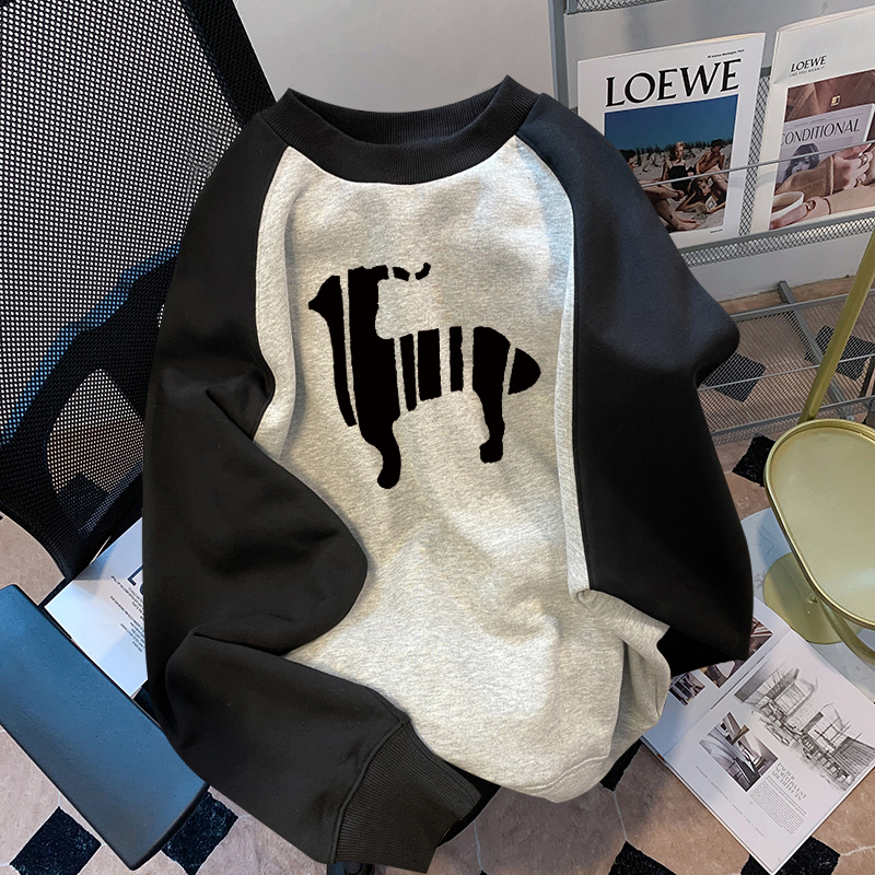 男女情侣上衣美式复古撞色插肩袖猫咪印花卫衣宽松情侣小众上衣