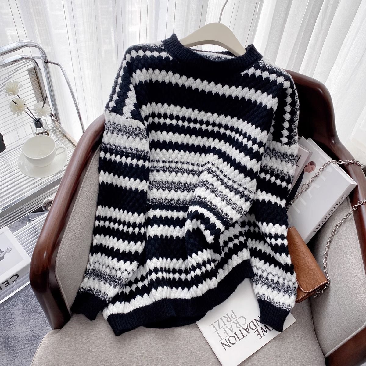 大牌原单外贸质感高级感条纹套头大毛衣复古设计慵懒风上衣中长款