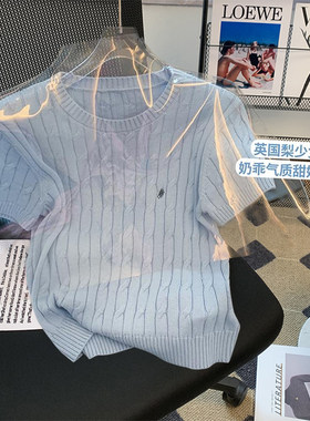 捡漏~出口外贸尾货女装雾霾蓝短袖针织衫T恤小香风法式短款上衣夏