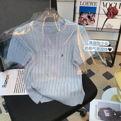 捡漏~出口外贸尾货女装雾霾蓝短袖针织衫T恤小香风法式短款上衣夏