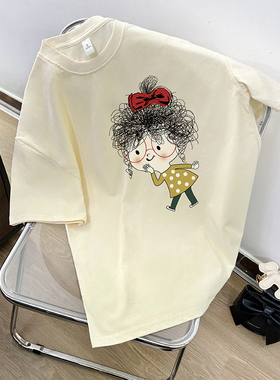 奶黄色美式潮牌字母短袖T恤男女夏季宽松小众设计感复古高街上衣