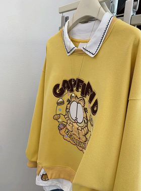 加绒秋冬上衣服黄色卡通猫咪假两件polo领套头卫衣女减龄宽松上衣