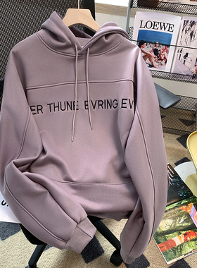 美式复古字母印花连帽卫衣女紫色宽松慵懒风加绒加厚上衣刺绣闺蜜