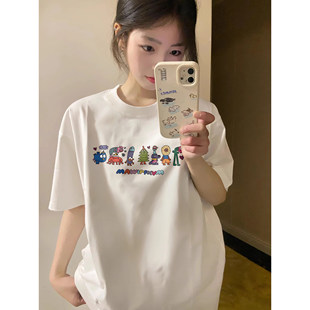 夏季圆领韩版卡通印花短袖T恤女夏宽松白色学生纯棉上衣潮酷短袖