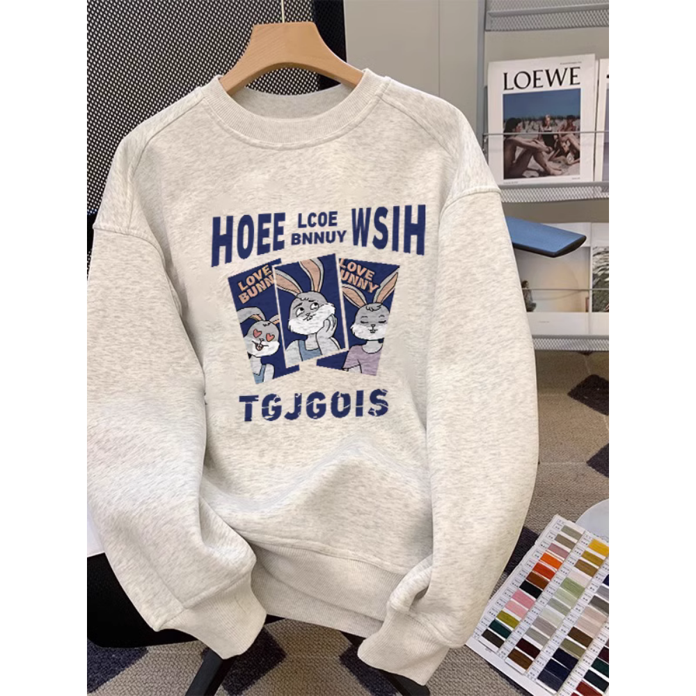 美式卡通风印花长袖卫衣女潮牌圆领上衣加绒圆领衫高级感重磅宽松