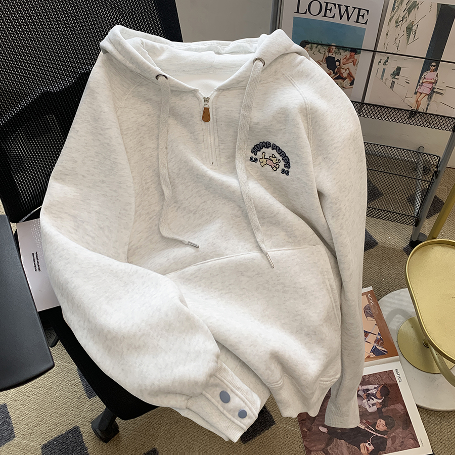 小众外套韩版灰色小狗刺绣连帽男女款卫衣女秋冬设计加绒保暖上衣