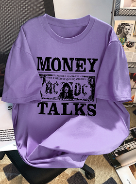 捡漏~夏季韩版圆领字母印花上衣女欧货短袖宽松显瘦紫色纯棉t恤女