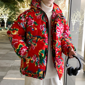 MY206东北大花连帽加厚保暖防寒棉衣外套风特色棉服情侣花衣图片