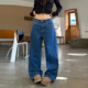 宽松阔腿休闲拖地裤 辣到中暑美式 复古cleanfit风水洗深蓝牛仔裤