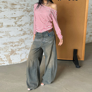 辣到中暑美式复古高街高级水洗做旧贴钻弯刀牛仔裤宽松阔腿裤休闲