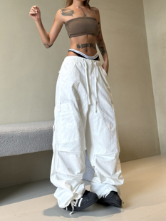 大口袋皱褶宽松绑带拖地裤 辣到中暑海狸同款 裤 复古白色工装 潮 美式
