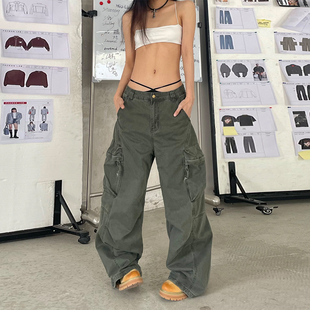 休闲拖地裤 辣到中暑美式 直筒阔腿裤 裤 复古街头嘻哈宽松大口袋工装