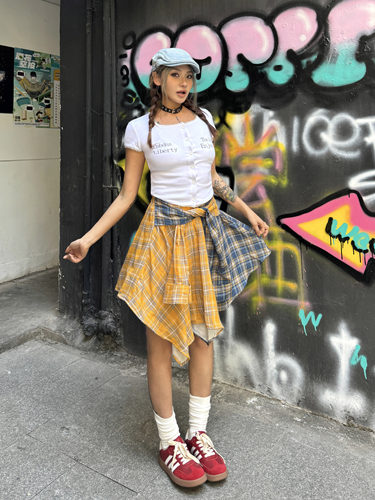 美式辣妹格子半身裙设计感绑带潮