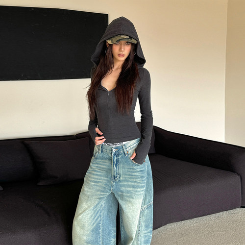 美式复古辣妹极简连帽长袖T恤v领