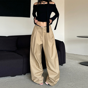 高级通勤休闲裤 辣到中暑美式 复古高街简约辣妹褶皱卡其色阔腿西裤