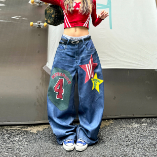 宽松阔腿裤 辣妹高街涂鸦设计感牛仔裤 美式 辣到中暑ins博主同款