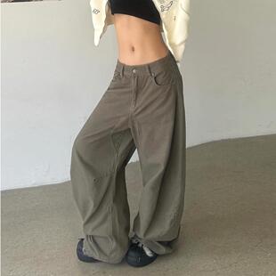 褶皱宽松阔腿解构美拉德 裤 辣到中暑美式 复古高街简约弯刀廓形工装