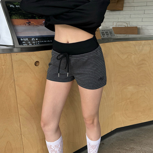 美式辣妹条纹拼接抽绳短裤运动风